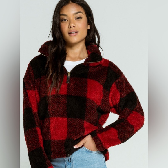 Love Tree Sweaters - [Love Tree] Buffalo Plaid Sherpa Red/Black 1/4 Zip Pullover Sweater Women’s XL